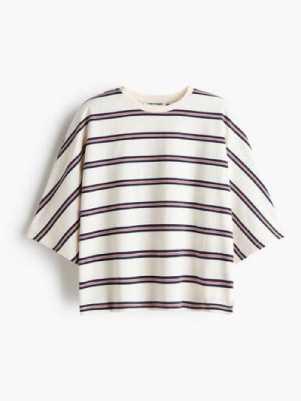 H&M Cream Short-Sleeve Tee with Navy and Pink Stripes